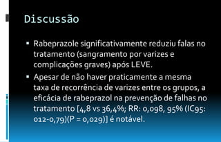 Discussão
 Rabeprazole significativamente reduziu falas no
tratamento (sangramento por varizes e
complicações graves) após LEVE.
 Apesar de não haver praticamente a mesma
taxa de recorrência de varizes entre os grupos, a
eficácia de rabeprazol na prevenção de falhas no
tratamento [4,8 vs 36,4%; RR: 0,098, 95% (IC95:
012-0,79)(P = 0,029)] é notável.
 