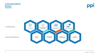 l © PPI AG
Leistungsangebot
Banken
Banken3
Compliance
Risikomanagement,
Meldewesen
Zahlungsverkehr Digital Banking
Data and
Analytics
Anforderungs-
management
Qualitäts- und
Testmanagement
Projekt-
management
Fachberatung
Querschnittsthemen
 
