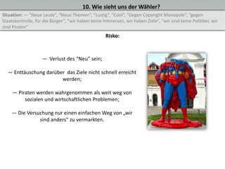 10. Wie sieht uns der Wähler?
Situation: — “Neue Leute”, “Neue Themen”, “Lustig”, “Cool”, “Gegen Copyright Monopole”, “gegen
Staatskontrolle, für die Bürger”, “wir haben keine Interessen, wir haben Ziele”, “wir sind keine Politiker, wir
sind Piraten”
                                                     Risko:



                    — Verlust des “Neu” sein;

  — Enttäuschung darüber das Ziele nicht schnell erreicht
                       werden;

     — Piraten werden wahrgenommen als weit weg von
          sozialen und wirtschaftlichen Problemen;

    — Die Versuchung nur einen einfachen Weg von „wir
               sind anders“ zu vermarkten.
 