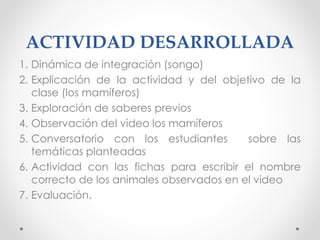 ACTIVIDAD DESARROLLADA
1. Dinámica de integración (songo)
2. Explicación de la actividad y del objetivo de la
clase (los mamíferos)
3. Exploración de saberes previos
4. Observación del video los mamíferos
5. Conversatorio con los estudiantes sobre las
temáticas planteadas
6. Actividad con las fichas para escribir el nombre
correcto de los animales observados en el video
7. Evaluación.
 