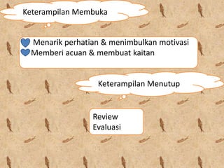 Keterampilan Membuka
Menarik perhatian & menimbulkan motivasi
Memberi acuan & membuat kaitan
Review
Evaluasi
Keterampilan Menutup
 