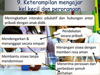 9. Keterampilan mengajar
kel.kecil dan perorangan
Meningkatkan interaksi edukatif dan hubungan antar
pribadi dengan anak didik.
Pendekatan
secara pribadi
Mendengarkan &
menanggapi secara simpati
Menangani siswa dengan
memberi rasa aman
Membantu siswa tanpa
mendominasi
Menerima perasaan dan
perbedaan penuh
perhatian
 
