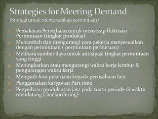 1. Pemakaian Persediaan untuk menyerap fluktuasi
Permintaan (tingkat produksi)
2. Menambah dan mengurangi para pekerja menyesuaikan
dengan permintaan ( permintaan perburuan)
3. Melihara sumber daya untuk antisipasi tingkat permintaan
yang tinggi
4. Meningkatkan atau mengurangi waktu kerja lembur &
pengurangan waktu kerja
5. Mengsub-kon pekerjaan kepada perusahaan lain
6. Penggunakan karyawan Part time
7. Penyediaan produk atau jasa pada suatu periode di waktu
mendatang ( backordering)
 