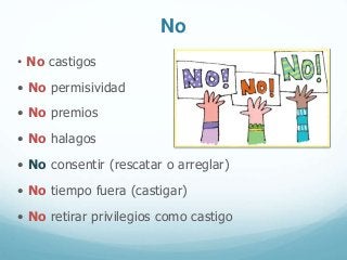 No
• No castigos
• No permisividad
• No premios
• No halagos
• No consentir (rescatar o arreglar)
• No tiempo fuera (castigar)
• No retirar privilegios como castigo
 