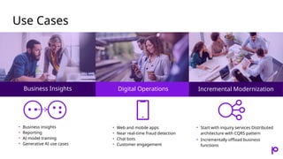 Use Cases
11
Business Insights Digital Operations
• Web and mobile apps
• Near real-time fraud detection
• Chat bots
• Customer engagement
• Business insights
• Reporting
• AI model training
• Generative AI use cases
Incremental Modernization
• Start with inquiry services Distributed
architecture with CQRS pattern
• Incrementally offload business
functions
 