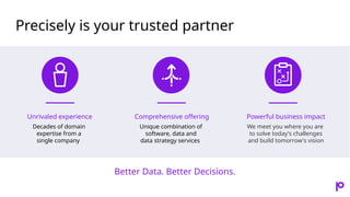 Precisely is your trusted partner
Powerful business impact
We meet you where you are
to solve today's challenges
and build tomorrow's vision
Comprehensive offering
Unique combination of
software, data and
data strategy services
Unrivaled experience
Decades of domain
expertise from a
single company
Better Data. Better Decisions.
 