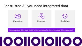 For trusted AI, you need integrated data
Real-time
Complete Relevant
Strategize and drive your AI/ML initiatives with a business outcome driven approach
 