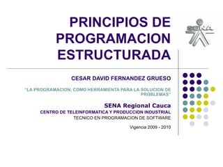 PRINCIPIOS DE PROGRAMACION ESTRUCTURADA CESAR DAVID FERNANDEZ GRUESO “LA PROGRAMACION, COMO HERRAMIENTA PARA LA SOLUCION DE PROBLEMAS” SENA Regional Cauca CENTRO DE TELEINFORMATICA Y PRODUCCION INDUSTRIAL TECNICO EN PROGRAMACION DE SOFTWARE Vigencia 2009 - 2010 