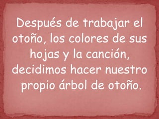 Después de trabajar el
otoño, los colores de sus
hojas y la canción,
decidimos hacer nuestro
propio árbol de otoño.

 