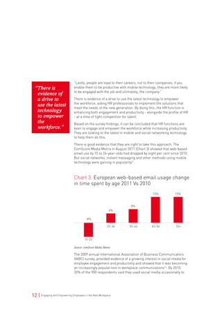 12 | Engaging and Empowering Employees in the New Workplace
“There is
evidence of
a drive to
use the latest
technology
to empower
the
workforce.”
“Lastly, people are loyal to their careers, not to their companies, if you
enable them to be productive with mobile technology, they are more likely
to be engaged with the job and ultimately, the company.”
There is evidence of a drive to use the latest technology to empower
the workforce, aiding HR professionals to implement the solutions that
meet the needs of the new generation. By doing this, the HR function is
enhancing both engagement and productivity - alongside the profile of HR
- at a time of tight competition for talent.
Based on the survey findings, it can be concluded that HR functions are
keen to engage and empower the workforce while increasing productivity.
They are looking to the latest in mobile and social networking technology
to help them do this.
There is good evidence that they are right to take this approach. The
ComScore Media Metrix in August 2011 (Chart 3) showed that web-based
email use by 15 to 24-year-olds had dropped by eight per cent since 2010.
But social networks, instant messaging and other methods using mobile
technology were gaining in popularity11
.
Chart 3. European web-based email usage change
in time spent by age 2011 Vs 2010
15-24
6%
8%
15% 15%
25-34 35-44 45-54 55+
Source: comScore Media Metrix
The 2009 annual International Association of Business Communicators
(IABC) survey, provided evidence of a growing interest in social media for
employee engagement and productivity and showed that it was becoming
an increasingly popular tool in workplace communications12
. By 2010,
33% of the 900 respondents said they used social media occasionally to
-8%
 