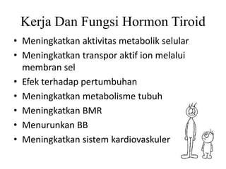Kerja Dan Fungsi Hormon Tiroid
• Meningkatkan aktivitas metabolik selular
• Meningkatkan transpor aktif ion melalui
  membran sel
• Efek terhadap pertumbuhan
• Meningkatkan metabolisme tubuh
• Meningkatkan BMR
• Menurunkan BB
• Meningkatkan sistem kardiovaskuler
 