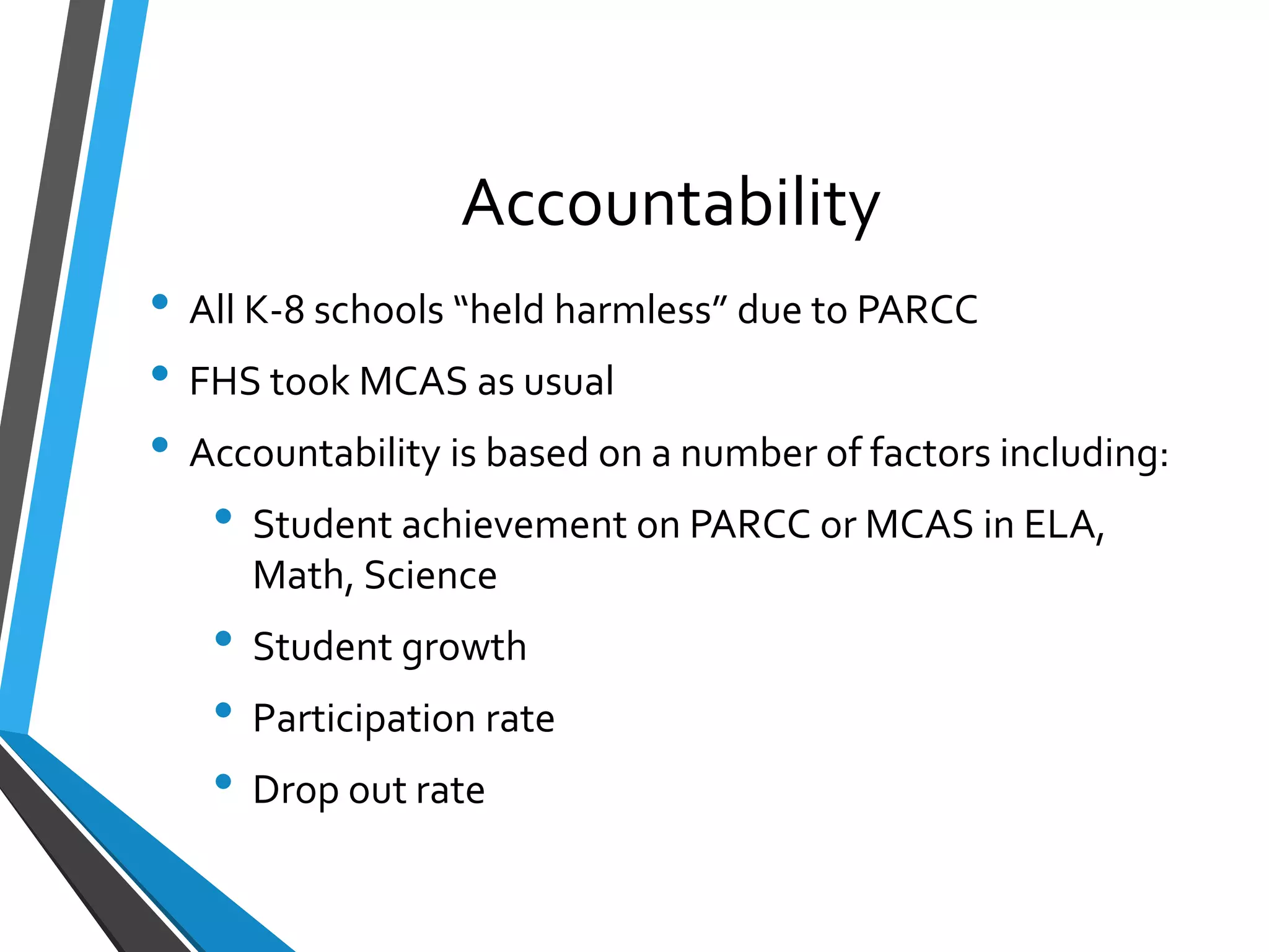 Accountability
• All K-8 schools “held harmless” due to PARCC
• FHS took MCAS as usual
• Accountability is based on a number of factors including:
• Student achievement on PARCC or MCAS in ELA,
Math, Science
• Student growth
• Participation rate
• Drop out rate
 