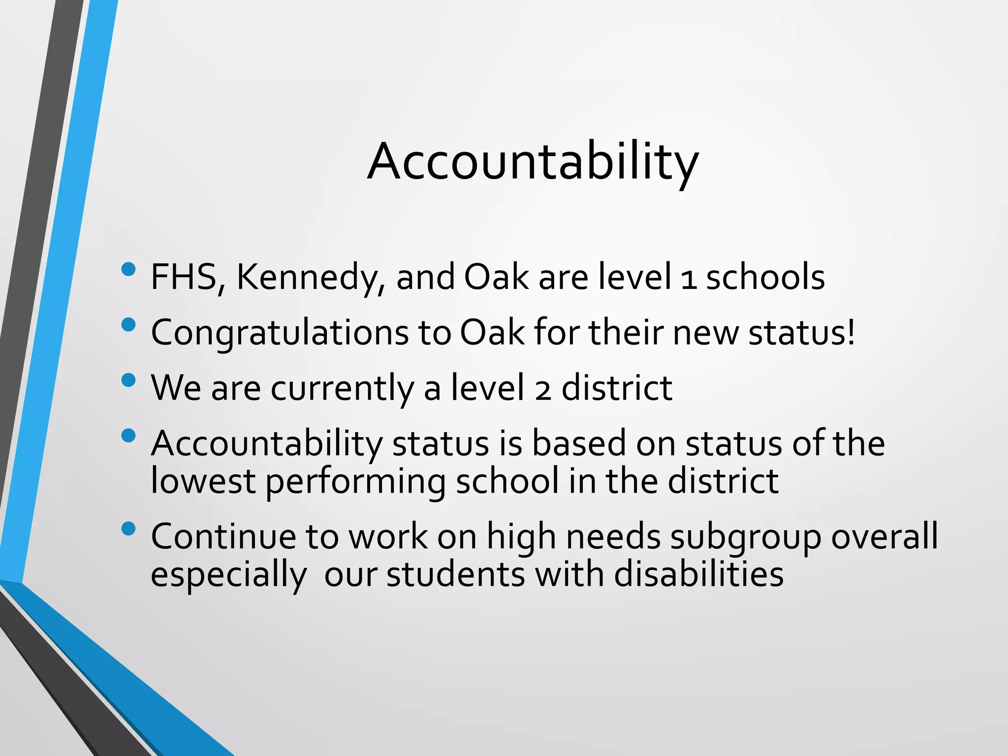 Accountability
• FHS, Kennedy, and Oak are level 1 schools
• Congratulations to Oak for their new status!
• We are currently a level 2 district
• Accountability status is based on status of the
lowest performing school in the district
• Continue to work on high needs subgroup overall
especially our students with disabilities
 