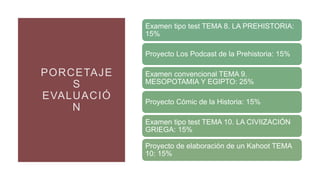 PORCETAJE
S
EVALUACIÓ
N
Examen tipo test TEMA 8. LA PREHISTORIA:
15%
Proyecto Los Podcast de la Prehistoria: 15%
Examen convencional TEMA 9.
MESOPOTAMIA Y EGIPTO: 25%
Proyecto Cómic de la Historia: 15%
Examen tipo test TEMA 10. LA CIVIIZACIÓN
GRIEGA: 15%
Proyecto de elaboración de un Kahoot TEMA
10: 15%
 