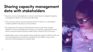 Sharing capacity management
data with stakeholders
22
• Business, service and application owners need relevant, targeted capacity
management details to do their jobs effectively
• They may be used to consuming these similar IT metrics in a centralized
analytics platform like Splunk or ServiceNow
• By integrating the Capacity Management metrics with these analytic
platforms, service and application owners can instantly see long term and
what-if scenario-based capacity health Days to Breach (DTL) forecasts
• Additionally, users could integrate these predicted capacity health results into
pre-existing Business and Service dashboards and tables using custom
searches and leveraging the indexed data.
 