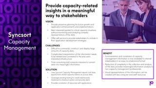 Provide capacity-related
insights in a meaningful
way to stakeholders
VISION
• Provide proactive planning for future growth and
application enhancements and implementations
• Alert interested parties to critical capacity situations
without monitoring and analysing complex
representations of the data
• Offer self-service to provide stakeholders to include in
their application development strategies
CHALLENGES
• Difficult to summarize, construct, and display large
amounts of capacity data.
• Complicated interpretation of the information needs
to be related and correlated to the end users’
interested infrastructure
• Time consuming and compute intensive to convert
data into meaningful information
SOLUTION
• Uses Syncsort Capacity Management reports and data
exports from stored capacity metrics as source data
• Leverages existing tooling to create dashboards,
implement a checkout system and provide alerts
• Provides correlation of resources with applications
BENEFIT
• Summarization and correlation of capacity
management information is now available to internal
stakeholders in an easy-to-understand format
• Reduction of complexity in the collection and analysis
of the data provides meaningful information analysis to
non-capacity management professionals
• Visual representations of the information can be
created with less computer and staff resources
25
Syncsort
Capacity
Management
 