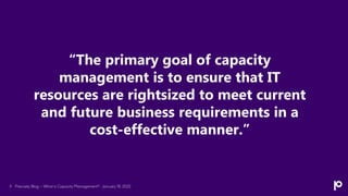Precisely Blog – What is Capacity Management? - January 18, 2022
6
“The primary goal of capacity
management is to ensure that IT
resources are rightsized to meet current
and future business requirements in a
cost-effective manner.”
 