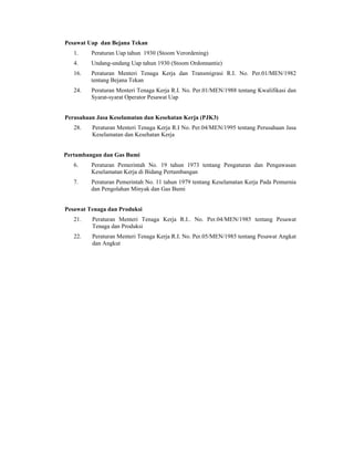 Pesawat Uap dan Bejana Tekan
1. Peraturan Uap tahun 1930 (Stoom Verordening)
4. Undang-undang Uap tahun 1930 (Stoom Ordonnantie)
16. Peraturan Menteri Tenaga Kerja dan Transmigrasi R.I. No. Per.01/MEN/1982
tentang Bejana Tekan
24. Peraturan Menteri Tenaga Kerja R.I. No. Per.01/MEN/1988 tentang Kwalifikasi dan
Syarat-syarat Operator Pesawat Uap
Perusahaan Jasa Keselamatan dan Kesehatan Kerja (PJK3)
28. Peraturan Menteri Tenaga Kerja R.I No. Per.04/MEN/1995 tentang Perusahaan Jasa
Keselamatan dan Kesehatan Kerja
Pertambangan dan Gas Bumi
6. Peraturan Pemerintah No. 19 tahun 1973 tentang Pengaturan dan Pengawasan
Keselamatan Kerja di Bidang Pertambangan
7. Peraturan Pemerintah No. 11 tahun 1979 tentang Keselamatan Kerja Pada Pemurnia
dan Pengolahan Minyak dan Gas Bumi
Pesawat Tenaga dan Produksi
21. Peraturan Menteri Tenaga Kerja R.I.. No. Per.04/MEN/1985 tentang Pesawat
Tenaga dan Produksi
22. Peraturan Menteri Tenaga Kerja R.I. No. Per.05/MEN/1985 tentang Pesawat Angkat
dan Angkut
 
