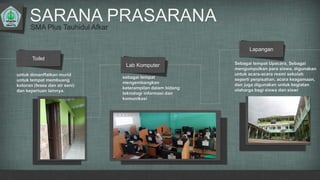 SMA Plus Tauhidul Afkar
SARANA PRASARANA
Toilet
untuk dimanffatkan murid
untuk tempat membuang
kotoran (feses dan air seni)
dan keperluan lainnya.
Lab Komputer
sebagai tempat
mengembangkan
keterampilan dalam bidang
teknologi informasi dan
komunikasi
Lapangan
Sebagai tempat Upacara, Sebagai
mengumpulkan para siswa, digunakan
untuk acara-acara resmi sekolah
seperti perpisahan, acara keagamaan,
dan juga digunakan untuk kegiatan
olaharga bagi siswa dan siswi
 