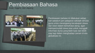 Arab, Inggris, dan Jepang
Pembiasaan Bahasa
Pembiasaan bahasa ini dilakukan setiap
hari sebelum jam pelajaran sekolah dimulai
guna untuk merangsang kecakapan siswa
dan siswi dalam berbahasa asing, agar
mempermudah siswa siwi untuk menggali
informasi dunia yang lebih luas dan lebih
siap lagi dalam menghadapi zaman di era
globalisasi ini.
 