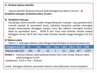 b. Struktur lapisan atmosfer
Lapisan atmosfer berbeda menurut letak ketinggiannya dalam 3 hal yai : 1)
kerapatan masa gas, 2) tekanan udara, 3) suhu :
1) Kerapatan masa gas
Gas pengisi utama atmosfer mudah mengembang dan mampat. Gaya gravitasi bumi
menarik partikel ke permukaan bumi, akibatnya kerapatan partikel meningkat
dengan berkurangnya ketinggian tempat, masa dan tekanan meningkat semakin
dekat ke permukaan bumi. 99,99 % dari masa total atmosfer berada sampai
ketinggian 40 km, 50 % dari masa total atmosfer berada hingga ketinggian 5,5–5,6
km.
2) Tekanan udara
Tabel 2. 2 Hubungan tekanan udara dengan letak ketingian di atas permukaan laut
Contoh 1 : misalnya tekanan udara pada permukaan laut 1 bar, hitung tekanan udara
pada ketinggian 5,6 km.
Jawabannya : 5,6 % x 1 bar = 0,56 bar
Untuk ketinggian tertentu, persentase tekanan udara ditentukan secara interpolasi.
Ketinggian (km dpl) 0 5,6 16,2 31,2 48,1 65,1 79,2 100
Tekanan udara (%) 100 50 10 1 0,1 0,01 10-3 3.10-5
 