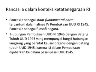 Pancasila dalam konteks ketatanegaraan RI
• Pancasila sebagai staat fundamental norm
tercantum dalam alinea IV Pembukaan UUD RI 1945.
Pancasila sebagai filosofi negara.
• Hubungan Pembukaan UUD RI 1945 dengan Batang
Tubuh UUD 1945 yang mempunyai fungsi hubungan
langsung yang bersifat kausal organis dengan batang
tubuh UUD 1945, karena isi dalam Pembukaan
dijabarkan ke dalam pasal-pasal UUD1945.
 