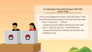 B. Hubungan Pancasila Dengan UUD NRI
Tahun 1945
4.Pancasila Dijabarkan Dalam UUD NRI Tahun 1945
Pasal-Pasal UUD terinspirasi Dari Sila-Sila Pancasila:
• Sila 4 : Pasal 22 E Pemilu

Langsung,umum,bebas,rahasia,jujur dan adil.
• Sila 5 : Pasal 33 ayat (4) Perekonomian

nasional berdasarkan demokrasi ekonomi dan
keadilan sosial.
 