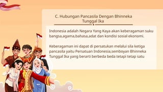 C. Hubungan Pancasila Dengan Bhinneka
Tunggal Ika
Indonesia adalah Negara Yang Kaya akan keberagaman suku
bangsa,agama,bahasa,adat dan kondisi sosial ekonomi.
Keberagaman ini dapat di persatukan melalui sila ketiga
pancasila yaitu Persatuan Indonesia,semboyan Bhinneka
Tunggal Ika yang berarti berbeda beda tetapi tetap satu
 