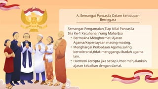 A. Semangat Pancasila Dalam kehidupan
Bernegara
Semangat Pengamalan Tiap Nilai Pancasila
Sila Ke-1 Ketuhanan Yang Maha Esa
• Bermakna Menghormati Ajaran
Agama/Kepercayaan masing-masing.
• Menghargai Perbedaan Agama,saling
bertoleransi,tidak menggangu ibadah agama
lain.
• Harmoni Tercipta jika setiap Umat menjalankan
ajaran kebaikan dengan damai.
 