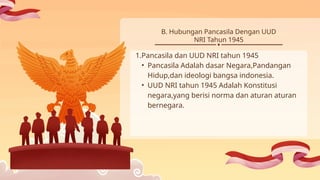 B. Hubungan Pancasila Dengan UUD
NRI Tahun 1945
1.Pancasila dan UUD NRI tahun 1945
• Pancasila Adalah dasar Negara,Pandangan
Hidup,dan ideologi bangsa indonesia.
• UUD NRI tahun 1945 Adalah Konstitusi
negara,yang berisi norma dan aturan aturan
bernegara.
 