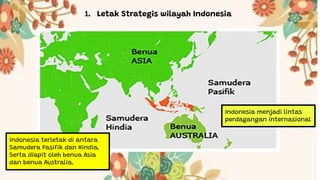1. Letak Strategis wilayah Indonesia
Indonesia terletak di antara
Samudera Pasifik dan Hindia.
Serta diapit oleh benua Asia
dan benua Australia.
Indonesia menjadi lintas
perdagangan internasional
 