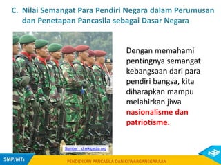 PENDIDIKAN PANCASILA DAN KEWARGANEGARAAN
Dengan memahami
pentingnya semangat
kebangsaan dari para
pendiri bangsa, kita
diharapkan mampu
melahirkan jiwa
nasionalisme dan
patriotisme.
C. Nilai Semangat Para Pendiri Negara dalam Perumusan
dan Penetapan Pancasila sebagai Dasar Negara
PENDIDIKAN PANCASILA DAN KEWARGANEGARAAN
Sumber : id.wikipedia.org
 