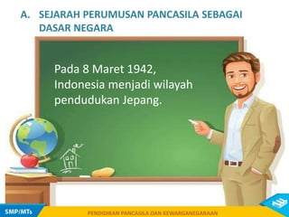 PENDIDIKAN PANCASILA DAN KEWARGANEGARAAN
Pada 8 Maret 1942,
Indonesia menjadi wilayah
pendudukan Jepang.
A. SEJARAH PERUMUSAN PANCASILA SEBAGAI
DASAR NEGARA
PENDIDIKAN PANCASILA DAN KEWARGANEGARAAN
 