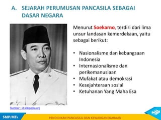PENDIDIKAN PANCASILA DAN KEWARGANEGARAAN
Menurut Soekarno, terdiri dari lima
unsur landasan kemerdekaan, yaitu
sebagai berikut:
• Nasionalisme dan kebangsaan
Indonesia
• Internasionalisme dan
perikemanusiaan
• Mufakat atau demokrasi
• Kesejahteraan sosial
• Ketuhanan Yang Maha Esa
PENDIDIKAN PANCASILA DAN KEWARGANEGARAAN
Sumber : id.wikipedia.org
A. SEJARAH PERUMUSAN PANCASILA SEBAGAI
DASAR NEGARA
 