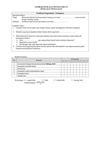 LEMBAR PENILAIAN PENGETAHUAN
PENILAIAN PENUGASAN
Penilaian Pengetahuan - Penugasan
Mengidentifikasi …………………….
Tugas : Menyusun laporan hasil percobaan tentang cara kerja …………………….secara tertulis
dengan berbagai media.
Indikator : membuat laporan hasil percobaan cara kerja …………………….
Langkah Tugas :
1. Lakukan observasi ke pasar atau tempat lainnya untuk mendapatkan informasi mengenai
…………………….
2. Datalah yang kamu dapatkan dalam bentuk tabel yang berisi …………………….,
……………………..
3. Diskusikan hasil observasi yang kamu lakukan beersama teman-temanmu untuk menjawab
pertanyaan berikut:
a. Jenis …………………….apa yang paling banyak kamu temukan dipasaran?
b. Bagaimana yang terjadi?
c. Keuntungan apa yang diperoleh dalam kehidupan?
4. Tuliskan hasil kegiatannmu dalam bentuk laporan dan dikumpulkan serta dipresentasikan pada
kegiatan pembelajaran berikutnya
Rubrik Penilaian
No. Kriteria
Kelompok
9 8 7 6 5 4 3 2 1
1 Kesesuaian dengan konsep dan prinsip bidang studi
2 Ketepatan memilih bahan
3 Kreativitas
4 Ketepatan waktu pengumpulan tugas
5 Kerapihan hasil
Jumlah skor
Keterangan: 4 = sangat baik, 3 = baik, 2 = cukup baik, 1 = kurang baik
NilaiPerolehan = 20
 
