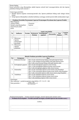 Ruang lingkup :
Karya portofolio yang dikumpulkan adalah laporan seluruh hasil rancangan/rakitan alat dan laporan
praktikum bidang studi semester 1
Uraian tugas portofolio
1. Buatlah laporan kegiatan merancang/merakit alat, laporan praktikum bidang studi sebagai tulisan
ilmiah
2. Setiap laporan dikumpulkan selambat-lambatnya seminggu setelah peserta didik melaksanakan tugas
Penilaian Portofolio Penyusunan Laporan Perancangan Percobaan dan Laporan Praktik
Mata Pelajaran : …………………
Alokasi Waktu : 1 Semester
Sampel yang dikumpulkan : Laporan
Nama Peserta didik : …………………
Kelas : …………………
No Indikator Periode
Aspek yang dinilai
Catatan
/ Nilai
Kebenaran
Konsep
Kelengkapan
gagasan
Sistematika
Tata
Bahasa
1 …. ….
2 Menyusun
laporan
perancangan
percobaan
3 Menyusun
laporan
praktikum
4 …. ….
Rubrik Penilaian portofolio Laporan Praktikum
No Komponen Skor
1 Kebenaran Konsep Skor 25 jika seluruh konsep bidang studi pada laporan benar
Skor 15 jika sebagian konsep bidang studi pada laporan benar
Skor 5 jika semua konsep bidang studi pada laporan salah
2 Kelengkapan gagasan Skor 25 jika kelengkapan gagasan sesuai konsep
Skor 15 jika kelengkapan gagasan kurang sesuai konsep
Skor 5 jika kelengkapan gagasan tidak sesuai konsep
3 Sistematika Skor 25 jika sistematika laporan sesuai aturan yang disepakati
Skor 15 jika sistematika laporan kuang sesuai aturan yang disepakati
Skor 5 jika sistematika laporan tidak sesuai aturan yang disepakati
4 Tatabahasa Skor 25 jika tatabahasa laporan sesuai aturan
Skor 15 jika tatabahasa laporan kuang sesuai aturan
Skor 5 jika tatabahasa laporan tidak sesuai aturan
Keterangan:
Skor maksimal = jumlah komponen yang dinilai x 25 = 4 x 25 = 100
Nilai portofolio = �����= x 4
Penilaian Keterampilan – Tertulis (menulis karangan, menulis laporan dan menulis surat.)
Penilaian Keterampilan – Tertulis (menulis karangan, menulis laporan dan menulis surat.)
JUDUL
……………………………………………………………………………………………………………
…
……………………………………………………………………………………………………………
…
 