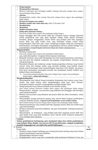 o Memperagakan
o Mengumpulkan informasi,
Mencari informasi dari berbagai sumber tentang Pancasila sebagai dasar negara
dan pandangan hidup bangsa
o Aktivitas
Mengumpulkan sumber Data tentang Pancasila sebagai dasar negara dan pandangan
hidup bangsa
o Wawancara dengan nara sumber
o Membaca sumber lain selain buku teks, buku UUD tahun 1945
o Mendiskusikan
o Mengulang
o Mempresentasikan ulang
o Saling tukar informasi tentang :
Pancasila sebagai dasar negara dan pandangan hidup bangsa
dengan ditanggapi aktif oleh peserta didik dari kelompok lainnya sehingga diperoleh
sebuah pengetahuan baru yang dapat dijadikan sebagai bahan diskusi kelompok
kemudian, dengan menggunakan metode ilmiah yang terdapat pada buku pegangan
peserta didik atau pada lembar kerja yang disediakan dengan cermat untuk
mengembangkan sikap teliti, jujur, sopan, menghargai pendapat orang lain, kemampuan
berkomunikasi, menerapkan kemampuan mengumpulkan informasi melalui berbagai cara
yang dipelajari, mengembangkan kebiasaan belajar dan belajar sepanjang hayat.
Mengasosiasikan
o Berdiskusi tentang data :
Pancasila sebagai dasar negara dan pandangan hidup bangsa
yang sudah dikumpulkan/ terangkum dalam kegiatan sebelumnya.
o Mengolah informasi yang sudah dikumpulkan dari hasil kegiatan/pertemuan sebelumnya
mau pun hasil dari kegiatan mengamati dan kegiatan mengumpulkan informasi yang
sedang berlangsung.
o Menambah keluasan dan kedalaman sampai kepada pengolahan informasi yang bersifat
mencari solusi dari berbagai sumber yang memiliki pendapat yang berbeda sampai
kepada yang bertentangan untuk mengembangkan sikap jujur, teliti, disiplin, taat aturan,
kerja keras, kemampuan menerapkan prosedur dan kemampuan berpikir induktif serta
deduktif dalam menyimpulkan :
 Arti penting mempertahankan Pancasila sebagai dasar negara dan pandangan
hidup bangsa antara lain tentang :
Mengkomunikasikan
o Menyampaikan hasil diskusi berupa kesimpulan berdasarkan hasil analisis secara lisan,
tertulis, atau media lainnya untuk mengembangkan sikap jujur, teliti, toleransi,
kemampuan berpikir sistematis, mengungkapkan pendapat dengan sopan
o Mempresentasikan hasil diskusi kelompok secara klasikal tentang :
hasil telaah tentang Pancasila sebagai dasar negara dan pandangan hidup bangsa
Mengemukakan pendapat atas presentasi yang dilakukan dan ditanggapi oleh kelompok
yang mempresentasikan
o Bertanya atas presentasi yang dilakukan dan peserta didik lain diberi kesempatan untuk
menjawabnya.
o Menyimpulkan tentang point-point penting yang muncul dalam kegiatan pembelajaran
yang baru dilakukan berupa : Laporan hasil pengamatan secara tertulis tentang
hasil telaah tentang Pancasila sebagai dasar negara dan pandangan hidup bangsa
o Menjawab pertanyaan yang terdapat pada buku pegangan peserta didik atau lembar kerja
yang telah disediakan.
o Bertanya tentang hal yang belum dipahami, atau guru melemparkan beberapa pertanyaan
kepada siswa.
o Menyelesaikan uji kompetensi yang terdapat pada buku pegangan peserta didik atau
pada lembar kerja yang telah disediakan secara individu untuk mengecek penguasaan
siswa terhadap materi pelajaran.
Catatan:
Selama pembelajaran berlangsung, guru mengamati sikap siswa dalam pembelajaran
yang meliputi sikap: disiplin, rasa percaya diri, berperilaku jujur, tangguh menghadapi
masalah tanggungjawab, rasa ingin tahu, peduli lingkungan)
 Penutup
Peserta didik :
o Membuat resume dengan bimbingan guru tentang point-point penting yang muncul dalam
kegiatan pembelajaran yang baru dilakukan.
o Mengagendakan pekerjaan rumah.
o Mengagendakan materi yang harus mempelajari pada pertemuan berikutnya di luar jam
15
menit
 