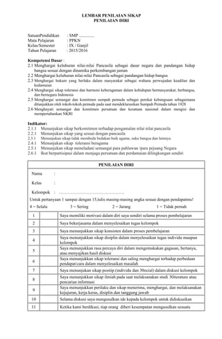 LEMBAR PENILAIAN SIKAP
PENILAIAN DIRI
SatuanPendidikan : SMP ..............
Mata Pelajaran : PPKN
Kelas/Semester : IX / Ganjil
Tahun Pelajaran : 2015/2016
Kompetensi Dasar :
2.1 Menghargai keluhuran nilai-nilai Pancasila sebagai dasar negara dan pandangan hidup
bangsa sesuai dengan dinamika perkembangan jaman
2.2 Menghargai keluhuran nilai-nilai Pancasila sebagai pandangan hidup bangsa
2.3 Menghargai hukum yang berlaku dalam masyarakat sebagai wahana perwujudan keadilan dan
kedamaian
2.4 Menghargai sikap toleransi dan harmoni keberagaman dalam kehidupan bermasyarakat, berbangsa,
dan bernegara Indonesia
2.5 Menghargai semangat dan komitmen sumpah pemuda sebagai perekat kebangsaan sebagaimana
ditunjukkan oleh tokoh-tokoh pemuda pada saat mendeklarasikan Sumpah Pemuda tahun 1928
2.6 Menghayati semangat dan komitmen persatuan dan kesatuan nasional dalam mengisi dan
mempertahankan NKRI
Indikator:
2.1.1 Menunjukan sikap berkomitmen terhadap pengamalan nilai nilai pancasila
2.2.1 Menunjukan sikap yang sesuai dengan pancasila
2.3.1 Menunjukan sikap tidak membeda bedakan baik agama, suku bangsa dan lainnya
2.4.1 Menunjukan sikap toleransi beragama
2.5.1 Menunjukan sikap meneladani semangat para pahlawan /para pejuang Negara
2.6.1 Ikut berpartisipasi dalam menjaga persatuan dan perdamaian dilingkungan sendiri
PENILAIAN DIRI
Nama :
Kelas :
Kelompok : ………………………………………
Untuk pertanyaan 1 sampai dengan 15,tulis masing-masing angka sesuai dengan pendapatmu!
4 = Selalu 3 = Sering 2 = Jarang 1 = Tidak pernah
1 Saya memiliki motivasi dalam diri saya sendiri selama proses pembelajaran
2 Saya bekerjasama dalam menyelesaikan tugas kelompok
3 Saya menunjukkan sikap konsisten dalam proses pembelajaran
4
Saya menunjukkan sikap disiplin dalam menyelesaikan tugas individu maupun
kelompok
5
Saya menunjukkan rasa percaya diri dalam mengemukakan gagasan, bertanya,
atau menyajikan hasil diskusi
6
Saya menunjukkan sikap toleransi dan saling menghargai terhadap perbedaan
pendapat/cara dalam menyelesaikan masalah
7 Saya menunjukan sikap positip (individu dan 30ocial) dalam diskusi kelompok
8
Saya menunjukkan sikap ilmiah pada saat melaksanakan studi 30iterature atau
pencarian informasi
9
Saya menunjukkan perilaku dan sikap menerima, menghargai, dan melaksanakan
kejujuran, kerja keras, disiplin dan tanggung jawab
10 Selama diskusi saya mengusulkan ide kepada kelompok untuk didiskusikan
11 Ketika kami berdikusi, tiap orang diberi kesempatan mengusulkan sesuatu
 