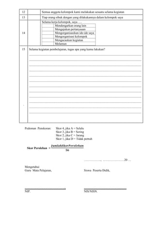 12 Semua anggota kelompok kami melakukan sesuatu selama kegiatan
13 Tiap orang sibuk dengan yang dilakukannya dalam kelompok saya
14
Selama kerja kelompok, saya ….
Mendengarkan orang lain
Mengajukan pertanyaaan
Mengorganisasikan ide-ide saya
Mengorganisasi kelompok
Mengacaukan kegiatan
Melamun
15
.
Selama kegiatan pembelajaran, tugas apa yang kamu lakukan?
....................................................................................................................................................
....................................................................................................................................................
....................................................................................................................................................
....................................................................................................................................................
....................................................................................................................................................
....................................................................................................................................................
....................................................................................................................................................
....................................................................................................................................................
....................................................................................................................................................
....................................................................................................................................................
....................................................................................................................................................
....................................................................................................................................................
Pedoman Penskoran: Skor 4, jika A = Selalu
Skor 3, jika B = Sering
Skor 2, jika C = Jarang
Skor 1, jika D = Tidak pernah
Skor Perolehan =
…………….., …………………20 …
Mengetahui
Guru Mata Pelajaran, Siswa Peserta Didik,
………………………………….. ……………………………………
NIP. NIS/NISN.
 