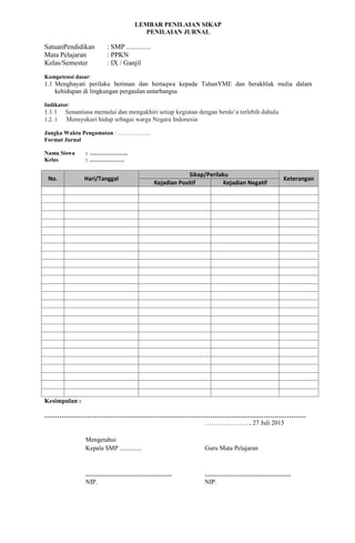LEMBAR PENILAIAN SIKAP
PENILAIAN JURNAL
SatuanPendidikan : SMP ..............
Mata Pelajaran : PPKN
Kelas/Semester : IX / Ganjil
Kompetensi dasar:
1.1 Menghayati perilaku beriman dan bertaqwa kepada TuhanYME dan berakhlak mulia dalam
kehidupan di lingkungan pergaulan antarbangsa
Indikator:
1.1.1 Senantiasa memulai dan mengakhiri setiap kegiatan dengan berdo’a terlebih dahulu
1.2. 1 Mensyukuri hidup sebagai warga Negara Indonesia
Jangka Waktu Pengamatan : ……………..
Format Jurnal
Nama Siswa : ………………..
Kelas : ………………
No. Hari/Tanggal
Sikap/Perilaku
Keterangan
Kejadian Positif Kejadian Negatif
Kesimpulan :
……………………………………………………………………………………………………………
…………………, 27 Juli 2015
Mengetahui
Kepala SMP .............. Guru Mata Pelajaran
………………………………….. …………………………………..
NIP. NIP.
 