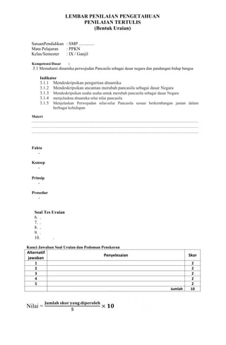 LEMBAR PENILAIAN PENGETAHUAN
PENILAIAN TERTULIS
(Bentuk Uraian)
SatuanPendidikan : SMP ..............
Mata Pelajaran : PPKN
Kelas/Semester : IX / Ganjil
Kompetensi Dasar :
3.1 Memahami dinamika perwujudan Pancasila sebagai dasar negara dan pandangan hidup bangsa
Indikator
3.1.1 Mendeskripsikan pengertian dinamika
3.1.2 Mendeskripsikan ancaman merubah pancasila sebagai dasar Negara
3.1.3 Mendeskripsikan usaha usaha untuk merubah pancasila sebagai dasar Negara
3.1.4 menjelaskna dinamika nilai nilai pancasila
3.1.5 Menjelaskan Perwujudan nilai-nilai Pancasila sesuai berkembangan jaman dalam
berbagai kehidupan
Materi
……………………………………………………………………………………………………………
……………………………………………………………………………………………………………
……………………………………………………………………………………………………………
Fakta
-
Konsep
-
Prinsip
-
Prosedur
-
Soal Tes Uraian
6. .
7. .
8. .
9. .
10. .
Kunci Jawaban Soal Uraian dan Pedoman Penskoran
Alternatif
jawaban
Penyelesaian Skor
1 2
2 2
3 2
4 2
5 2
Jumlah 10
Nilai = ×
 