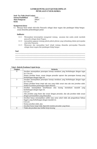 LEMBAR PENILAIAN KETERAMPILAN
PENILAIAN UNJUK KERJA
Soal: Tes Tulis (Soal Uraian)
Satuan Pendidikan : SMP ..............
Mata Pelajaran : PPKN
Kelas : IX
Kompetensi dasar
4.1 Menyaji hasil telaah nilai-nilai Pancasila sebagai dasar negara dan pandangan hidup bangsa
sesuai dinamika perkembangan jaman
Indikator
4.1.1 Menunjukan keterampilan mengamati tentang ancaman dan usaha untuk merubah
pancasila sebagai dasar Negara
4.1.2 menyajikan gagasan tentang pokok pokok pikiran yang terkandung dalam perwujudan
nilai-nilai Pancasila
4.1.3 Menyusun dan menyajikan hasil telaah tentang dinamika perwujudan Pancasila
sebagai dasar negara dan pandangan hidup bangsa
Soal
…………………………………………………………………………………………………………
…………………………………………………………………………………………………………
…………………………………………………………………………………………………………
…………………………………………………………………………………………………………
Tabel : Rubrik Penilaian Unjuk Kerja
Tingkat Kriteria
4 Jawaban menunjukkan penerapan konsep mendasar yang berhubungan dengan tugas
ini. Ciri-ciri:
Semua jawaban benar, sesuai dengan prosedur operasi dan penerapan konsep yang
berhubungan dengan tugas ini
3 Jawaban menunjukkan penerapan konsep mendasar yang berhubungan dengan tugas
ini. Ciri-ciri:
Semua jawaban benar tetapi ada cara yang tidak sesuai atau ada satu jawaban salah.
Sedikit kesalahan perhitungan dapat diterima
2 Jawaban menunjukkan keterbatasan atau kurang memahami masalah yang
berhubungan dengan tugas ini.
Ciri-ciri:
Ada jawaban yang benar dan sesuai dengan prosedur, dan ada jawaban tidak sesuai
dengan permasalahan yang ditanyakan.
1 Jawaban hanya menunjukkan sedikit atau sama sekali tidak ada pengetahuan bahasa
Inggris yang berhubungan dengan masalah ini.
Ciri-ciri:
Semua jawaban salah, atau
Jawaban benar tetapi tidak diperoleh melalui prosedur yang benar.
0 Tidak ada jawaban atau lembar kerja kosong
 