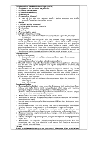 Mengumpulkan Data(Eksperimen/Mengeksplorasi)
o Menggunakan alat dan bahan (ekxperiment),
o Mengamati obyek/kejadian,
o Mendemontrasikan tentang
o Memperagakan
o Mengumpulkan informasi,
 Mencari informasi dari berbagai sumber tentang ancaman dan usaha
merubah Pancasila sebagai dasar negara
o Aktivitas
o Wawancara dengan nara sumber
o Membaca sumber lain selain buku teks,
o Mendiskusikan
o Mengulang
o Mempresentasikan ulang
o Saling tukar informasi tentang :
 Ancaman dan usaha merubah Pancasila sebagai Dasar negara dan pandangan
hidup bangsa,
dengan ditanggapi aktif oleh peserta didik dari kelompok lainnya sehingga diperoleh
sebuah pengetahuan baru yang dapat dijadikan sebagai bahan diskusi kelompok
kemudian, dengan menggunakan metode ilmiah yang terdapat pada buku pegangan
peserta didik atau pada lembar kerja yang disediakan dengan cermat untuk
mengembangkan sikap teliti, jujur, sopan, menghargai pendapat orang lain, kemampuan
berkomunikasi, menerapkan kemampuan mengumpulkan informasi melalui berbagai cara
yang dipelajari, mengembangkan kebiasaan belajar dan belajar sepanjang hayat.
Mengasosiasikan
o Berdiskusi tentang data :
 Ancaman dan usaha merubah Pancasila sebagai Dasar negara dan pandangan
hidup bangsa
yang sudah dikumpulkan/ terangkum dalam kegiatan sebelumnya.
o Mengolah informasi yang sudah dikumpulkan dari hasil kegiatan/pertemuan sebelumnya
mau pun hasil dari kegiatan mengamati dan kegiatan mengumpulkan informasi yang
sedang berlangsung.
o Menambah keluasan dan kedalaman sampai kepada pengolahan informasi yang bersifat
mencari solusi dari berbagai sumber yang memiliki pendapat yang berbeda sampai
kepada yang bertentangan untuk mengembangkan sikap jujur, teliti, disiplin, taat aturan,
kerja keras, kemampuan menerapkan prosedur dan kemampuan berpikir induktif serta
deduktif dalam menyimpulkan :
 Ancaman dan usaha merubah Pancasila sebagai Dasar negara dan pandangan
hidup bangsa
antara lain tentang :
Mengkomunikasikan
o Menyampaikan hasil diskusi berupa kesimpulan berdasarkan hasil analisis secara lisan,
tertulis, atau media lainnya untuk mengembangkan sikap jujur, teliti, toleransi,
kemampuan berpikir sistematis, mengungkapkan pendapat dengan sopan
Membaca ikrar/ komitmen untuk mempertahankan dan melaksanakan Pancasila sebagai
dasar negara sesuai dinamika perkembangan jaman
o Mempresentasikan hasil diskusi kelompok secara klasikal tentang :
o Mengemukakan pendapat atas presentasi yang dilakukan dan ditanggapi oleh kelompok
yang mempresentasikan
o Bertanya atas presentasi yang dilakukan dan peserta didik lain diberi kesempatan untuk
menjawabnya.
o Menyimpulkan tentang point-point penting yang muncul dalam kegiatan pembelajaran
yang baru dilakukan berupa : Laporan hasil pengamatan secara tertulis tentang
o Membuat secara tertulis tentang ikrar/ komitmen untuk mempertahankan dan
melaksanakan Pancasila sebagai dasar negara sesuai dinamika perkembangan jaman
o Menjawab pertanyaan yang terdapat pada buku pegangan peserta didik atau lembar kerja
yang telah disediakan.
o Bertanya tentang hal yang belum dipahami, atau guru melemparkan beberapa pertanyaan
kepada siswa.
o Menyelesaikan uji kompetensi yang terdapat pada buku pegangan peserta didik atau
pada lembar kerja yang telah disediakan secara individu untuk mengecek penguasaan
siswa terhadap materi pelajaran.
Catatan:
Selama pembelajaran berlangsung, guru mengamati sikap siswa dalam pembelajaran
 