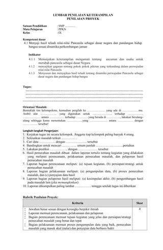 LEMBAR PENILAIAN KETERAMPILAN
PENILAIAN PROYEK
Satuan Pendidikan : SMP ..............
Mata Pelajaran : PPKN
Kelas : IX
Kompetensi dasar
4.1 Menyaji hasil telaah nilai-nilai Pancasila sebagai dasar negara dan pandangan hidup
bangsa sesuai dinamika perkembangan jaman
Indikator
4.1.1 Menunjukan keterampilan mengamati tentang ancaman dan usaha untuk
merubah pancasila sebagai dasar Negara
4.1.2 menyajikan gagasan tentang pokok pokok pikiran yang terkandung dalam perwujudan
nilai-nilai Pancasila
4.1.3 Menyusun dan menyajikan hasil telaah tentang dinamika perwujudan Pancasila sebagai
dasar negara dan pandangan hidup bangsa
Tugas:
…………………………………………………………………………………………………………
…………………………………………………………………………………………………………
…………………………………………………………………………………………………………
…………………………………………………………………………………………………………
Orientasi Masalah:
Bentuklah tim kelompokmu, kemudian pergilah ke ……………… yang ada di ……………..mu.
Ambil alat …………….. yang digunakan untuk ……………….. terhadap …………….
……………… antara …………… terhadap ………….yang berada di ………….., lakukan berulang-
ulang sehingga kamu menemukan …………….yang ……………… antara ……………. dengan
…………… tersebut!
Langkah-langkah Pengerjaan:
1. Kerjakan tugas ini secara kelompok. Anggota tiap kelompok paling banyak 4 orang.
2. Selesaikan masalah terkait ……………
3. Cari data …………… dengan ……………….. tersebut
4. Bandingkan untuk mencari ………….. umum jumlah ……………………..pertahun
5. Lakukan prediksi …………….. dengan ……………… tersebut
6. Hasil pemecahan masalah dibuat dalam laporan tertulis tentang kegiatan yang dilakukan
yang meliputi perencanaan, pelaksanaan pemecahan masalah, dan pelaporan hasil
pemecahan masalah
7. Laporan bagian perencanaan meliputi: (a) tujuan kegiatan, (b) persiapan/strategi untuk
pemecahan masalah
8. Laporan bagian pelaksanaan meliputi: (a) pengumpulan data, (b) proses pemecahan
masalah, dan (c) penyajian data hasil
9. Laporan bagian pelaporan hasil meliputi: (a) kesimpulan akhir, (b) pengembangan hasil
pada masalah lain (jika memungkinkan)
10. Laporan dikumpulkan paling lambat …………… minggu setelah tugas ini diberikan
Rubrik Penilaian Proyek:
Kriteria Skor
 Jawaban benar sesuai dengan kerangka berpikir ilmiah
 Laporan memuat perencanaan, pelaksanaan dan pelaporan
 Bagian perencanaan memuat tujuan kegiatan yang jelas dan persiapan/strategi
pemecahan masalah yang benar dan tepat
 Bagian pelaksanaan memuat proses pengumpulan data yang baik, pemecahan
masalah yang masuk akal (nalar) dan penyajian data berbasis bukti
4
 