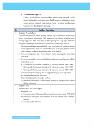 96 | Kelas XI SMA/MA/SMK/MAK
c. Proses Pembelajaran
Proses pembelajaran menggunakan pendekatan saintifik model
pembelajaran Discovery Learning. Pelaksanaan pembelajaran secara
umum dibagi menjadi tiga tahapan yaitu kegiatan pendahuluan,
kegiatan inti, dan kegiatan penutup.
No Uraian Kegiatan
1. Kegiatan Pendahuluan
Kegiatan pendahuluan sangat penting artinya bagi keberhasilan pelaksanaan
proses pembelajaran selanjutnya. Oleh karena itu, guru harus berusaha untuk
merangsang peserta didik untuk belajar. Beberapa kegiatan yang dapat dilakukan
oleh guru dalam kegiatan pendahuluan antara lain adalah sebagai berikut.
1. Guru mengondisikan suasana belajar yang menyenangkan misalnya dengan
menayangkan video motivasi, bercerita kejadian nyata yang pernah dialami
oleh guru yang berkaitan dengan topik yang akan dibahas.
2. Guru menyampaikan garis besar cakupan materi dan kegiatan yang akan
dilakukan.
3. Guru menyampaikan teknis pembelajaran pada pertemuan keempat adalah
diskusi kelompok.
• Kelompok 1: Pelaksanaan Demokrasi di Indonesia periode 1945 - 1949.
• Kelompok 2: Pelaksanaan Demokrasi di Indonesia periode 1949 - 1950.
• Kelompok 3: Pelaksanaan Demokrasi di Indonesia periode 1950 - 1959.
4. Guru menyampaikan lingkup dan teknik penilaian yang akan digunakan:
a) penilaian sikap dengan observasi,
b) penilaian pengetahuan dengan tes lisan
c) penilaian keterampilan dalam bentuk penyajian atau presentasi selama
diskusi kelompok.
2. Kegiatan Inti
Presentasi hasil diskusi kelompok
1. Kelompok ke-1
a) Presentasi materi Pelaksanaan Demokrasi di Indonesia periode 1945 - 1949
b) Pertanyaan-pertanyaan dari kelompok lain dan jawaban dari kelompok
penyaji.
c) Kesimpulan hasil diskusi.
 