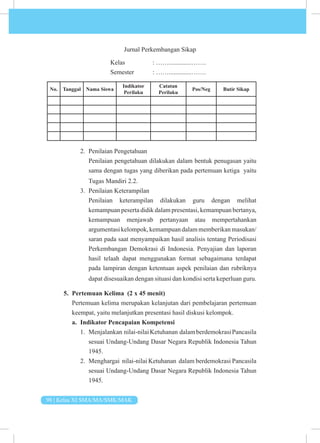 98 | Kelas XI SMA/MA/SMK/MAK
Jurnal Perkembangan Sikap
			Kelas 		: ……..............…….
			 Semester : ……..............…….
No. Tanggal Nama Siswa
Indikator
Perilaku
Catatan
Perilaku
Pos/Neg Butir Sikap
2. Penilaian Pengetahuan
Penilaian pengetahuan dilakukan dalam bentuk penugasan yaitu
sama dengan tugas yang diberikan pada pertemuan ketiga yaitu
Tugas Mandiri 2.2.
3. Penilaian Keterampilan
Penilaian keterampilan dilakukan guru dengan melihat
kemampuan peserta didik dalam presentasi, kemampuan bertanya,
kemampuan menjawab pertanyaan atau mempertahankan
argumentasikelompok,kemampuandalammemberikanmasukan/
saran pada saat menyampaikan hasil analisis tentang Periodisasi
Perkembangan Demokrasi di Indonesia. Penyajian dan laporan
hasil telaah dapat menggunakan format sebagaimana terdapat
pada lampiran dengan ketentuan aspek penilaian dan rubriknya
dapat disesuaikan dengan situasi dan kondisi serta keperluan guru.
5. Pertemuan Kelima (2 x 45 menit)
Pertemuan kelima merupakan kelanjutan dari pembelajaran pertemuan
keempat, yaitu melanjutkan presentasi hasil diskusi kelompok.
a. Indikator Pencapaian Kompetensi
1. Menjalankan nilai-nilaiKetuhanan dalamberdemokrasiPancasila
sesuai Undang-Undang Dasar Negara Republik Indonesia Tahun
1945.
2. Menghargai nilai-nilai Ketuhanan dalam berdemokrasi Pancasila
sesuai Undang-Undang Dasar Negara Republik Indonesia Tahun
1945.
 