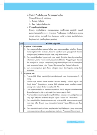 Buku Guru PPKn | 121
b. Materi Pembelajaran Pertemuan kedua
Sistem Hukum di Indonesia
1. Tujuan Hukum
2. Tata Hukum Indonesia
c. Proses Pembelajaran
Proses pembelajaran menggunakan pendekatan saintifik model
pembelajaran Discovery Learning. Pelaksanaan pembelajaran secara
umum dibagi menjadi tiga tahapan, yaitu kegiatan pendahuluan,
kegiatan inti, dan kegiatan penutup.
No Uraian Kegiatan
1. Kegiatan Pendahuluan
1. Guru mengondisikan suasana belajar yang menyenangkan, misalnya dengan
menayangkan video motivasi, bercerita kejadian nyata yang pernah dialami
oleh guru yang berkaitan dengan topik yang akan dibahas.
2. Guru mendiskusikan kompetensi yang sudah dipelajari dan dikembangkan
sebelumnya, yaitu Makna dan Karakteristik Hukum, Penggolongan Hukum
dan mengaitkan dengan kompetensi yang akan dipelajari dan dikembangkan
pada pertemuan kedua, yaitu Tujuan Hukum dan Tata Hukum Indonesia.
3. Guru menyampaikan garis besar cakupan materi dan kegiatan yang akan
dilakukan.
2. Kegiatan Inti
1. Peserta didik dibagi menjadi beberapa kelompok yang beranggotakan 5 – 6
orang.
2. Peserta didik diminta untuk membaca wacana tentang “Polisi Ringkus Dua
Begal Motor” Selanjutnya, peserta didik diminta untuk membaca materi
tentang Tata Hukum (Buku Siswa hal. 85-90).
3. Guru dapat memberikan informasi tambahan terkait dengan wacana tersebut
dengan berbagai peristiwa sejenis di lingkungan peserta didik.
4. Peserta didik secara kelompok mengidentifikasi sekaligus mencatat pertanyaan
yang ingin diketahui berkaitan dengan Tujuan Hukum dan Tata Hukum.
5. Guru membimbing dan terus mendorong peserta didik untuk terus menggali
rasa ingin tahu dengan yang mendalam tentang Tujuan Hukum dan Tata
Hukum.
6. Guru memberi motivasi dan penghargaan bagi kelompok yang menyusun
pertanyaan terbanyak dan sesuai dengan Indikator Pencapaian Kompetensi.
 