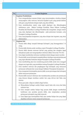 130 | Kelas XI SMA/MA/SMK/MAK
No Uraian Kegiatan
1. Kegiatan Pendahuluan
1. Guru mengondisikan suasana belajar yang menyenangkan, misalnya dengan
menayangkan video motivasi, bercerita kejadian nyata yang pernah dialami
oleh guru yang berkaitan dengan topik yang akan dibahas.
2. Guru mendiskusikan materi yang sudah dipelajari dan dikembangkan
sebelumnya yaitu Makna Lembaga Peradilan, Dasar Hukum Lembaga
Peradilan dan Klasifikasi Lembaga Peradilan dan mengaitkan dengan materi
yang akan dipelajari dan dikembangkan pada pertemuan keempat, yaitu
Perangkat Lembaga Peradilan.
3. Guru menyampaikan kompetensi yang akan dicapai dan kegiatan yang akan
dilaksanakan.
2. Kegiatan Inti
1. Peserta didik dibagi menjadi beberapa kelompok yang beranggotakan 5–6
orang.
2. Peserta didik diminta untuk membaca materi Perangkat Lembaga Peradilan.
3. Peserta didik diminta mencatat hal-hal yang penting dan mungkin dapat
dieksplorasi pada saat mengumpulkan informasi (Buku Siswa hal. 96-101).
4. Guru dapat memberikan informasi tambahan terkait dengan materi tersebut.
5. Peserta didik secara kelompok mengidentifikasi sekaligus mencatat pertanyaan
yang ingin diketahui berkaitan dengan Perangkat Lembaga Peradilan.
6. Guru membimbing dan terus mendorong peserta didik untuk terus menggali
dengan rasa ingin tahu yang mendalam tentang Perangkat Lembaga Peradilan.
7. Guru memberi motivasi dan penghargaan bagi kelompok yang menyusun
pertanyaan terbanyak dan sesuai dengan Indikator Pencapaian Kompetensi.
8. Guru mengamati keterampilan peserta didik secara perorangan dan kelompok
dalam menyusun pertanyaan.
9. Peserta didik mencari informasi dan mendiskusikan jawaban atas pertanyaan
yang disusun dengan membaca sumber lain yang relevan dari buku atau
internet.
Peran guru pada tahap ini adalah sebgai berikut.
a) Menyediakan berbagai sumber belajar seperti buku teks siswa dan buku
referensi lain.
b) Guru menjadi sumber belajar bagi peserta didik dengan memberikan
konfirmasi atas jawaban peserta didik, atau menjelaskan jawaban
pertanyaan kelompok yang tidak terjawab.
c) Guru dapat juga menunjukkan buku atau sumber belajar lain yang dapat
dijadikan referensi untuk menjawab pertanyaan.
 