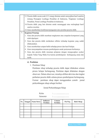 Buku Guru PPKn | 135
13. Peserta didik secara acak (2-3 orang) diminta untuk menyajikan hasil analisis
tentang Perangkat Lembaga Peradilan di Indonesia, Tingkatan Lembaga
Peradilan, Peran Lembaga Peradilan di Indonesia.
14. Peserta didik yang lain diminta untuk menanggapi atau melengkapi hasil
analisis tersebut.
15. Guru memberikan konfirmasi/penguatan atas jawaban peserta didik.
3. Kegiatan Penutup
1. Guru dan peserta didik membuat rangkuman atau simpulan kompetensi yang
telah dipelajari.
2. Guru dan peserta didik melakukan refleksi terhadap kegiatan yang sudah
dilaksanakan.
3. Guru memberikan umpan balik terhadap proses dan hasil belajar.
4. Guru menyampaikan rencana pembelajaran untuk pertemuan berikutnya.
5. Guru dan peserta didik menutup pelajaran dengan mengucapkan syukur
kepada Tuhan Yang Maha Esa karena pembelajaran berlangsung aman dan
tertib.
d. Penilaian
1. Penilaian Sikap
Penilaian sikap terhadap peserta didik dapat dilakukan selama
proses belajar berlangsung. Penilaian dapat dilakukan dengan
observasi. Dalam observasi, misalnya dilihat aktivitas dan tingkat
perhatian peserta didik selama proses pembelajaran berlangsung.
Format penilaian sikap dapat menggunakan contoh jurnal
perkembangan sikap sebagai berikut.
Jurnal Perkembangan Sikap
			Kelas 		: ……..............…….
			 Semester : ……..............…….
No. Tanggal Nama Siswa
Indikator
Perilaku
Catatan
Perilaku
Pos/Neg Butir Sikap
 