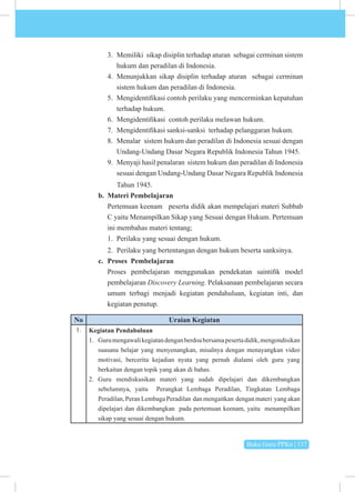 Buku Guru PPKn | 137
3. Memiliki sikap disiplin terhadap aturan sebagai cerminan sistem
hukum dan peradilan di Indonesia.
4. Menunjukkan sikap disiplin terhadap aturan sebagai cerminan
sistem hukum dan peradilan di Indonesia.
5. Mengidentifikasi contoh perilaku yang mencerminkan kepatuhan
terhadap hukum.
6. Mengidentifikasi contoh perilaku melawan hukum.
7. Mengidentifikasi sanksi-sanksi terhadap pelanggaran hukum.
8. Menalar sistem hukum dan peradilan di Indonesia sesuai dengan
Undang-Undang Dasar Negara Republik Indonesia Tahun 1945.
9. Menyaji hasil penalaran sistem hukum dan peradilan di Indonesia
sesuai dengan Undang-Undang Dasar Negara Republik Indonesia
Tahun 1945.
b. Materi Pembelajaran
Pertemuan keenam peserta didik akan mempelajari materi Subbab
C yaitu Menampilkan Sikap yang Sesuai dengan Hukum. Pertemuan
ini membahas materi tentang;
1. Perilaku yang sesuai dengan hukum.
2. Perilaku yang bertentangan dengan hukum beserta sanksinya.
c. Proses Pembelajaran
Proses pembelajaran menggunakan pendekatan saintifik model
pembelajaran Discovery Learning. Pelaksanaan pembelajaran secara
umum terbagi menjadi kegiatan pendahuluan, kegiatan inti, dan
kegiatan penutup.
No Uraian Kegiatan
1. Kegiatan Pendahuluan
1. Gurumengawalikegiatandenganberdoabersamapesertadidik,mengondisikan
suasana belajar yang menyenangkan, misalnya dengan menayangkan video
motivasi, bercerita kejadian nyata yang pernah dialami oleh guru yang
berkaitan dengan topik yang akan di bahas.
2. Guru mendiskusikan materi yang sudah dipelajari dan dikembangkan
sebelumnya, yaitu Perangkat Lembaga Peradilan, Tingkatan Lembaga
Peradilan, Peran Lembaga Peradilan dan mengaitkan dengan materi yang akan
dipelajari dan dikembangkan pada pertemuan keenam, yaitu menampilkan
sikap yang sesuai dengan hukum.
 